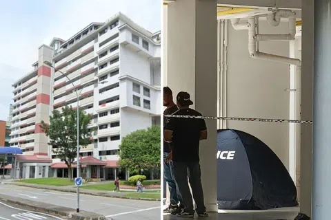 《联合早报》记者当天赶抵现场时，组屋楼下已搭起遮盖遗体的蓝色帐篷，警方也拉起封锁线展开调查。（姚进顺摄）