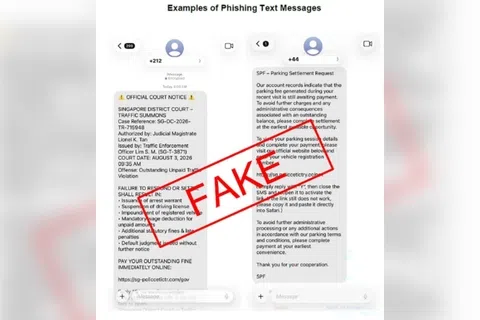 在最新骗局中，多数收件人是通过苹果iMessage，接到陌生手机号码或电邮发出的信息。骗子冒充警方、交通警察或“地方法院”的工作人员，声称受害者犯下交通相关罪行、未缴付停车费或未支付法庭传票罚款。（新加坡警察部队提供）
