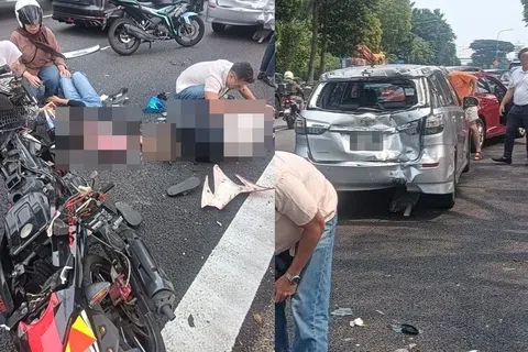 （左图）两名骑士倒在地上，不少人停下帮忙。（右图）汽车被追尾之后，尾部出现明显凹陷。（取自脸书）