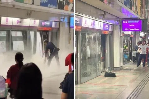 一名公共交通保安指挥处警员赶到后，立即用灭火器朝背包喷洒干粉，持续约三分钟后背包停止冒烟。灭火器释放的大量干粉一度使现场白烟弥漫。（读者提供）