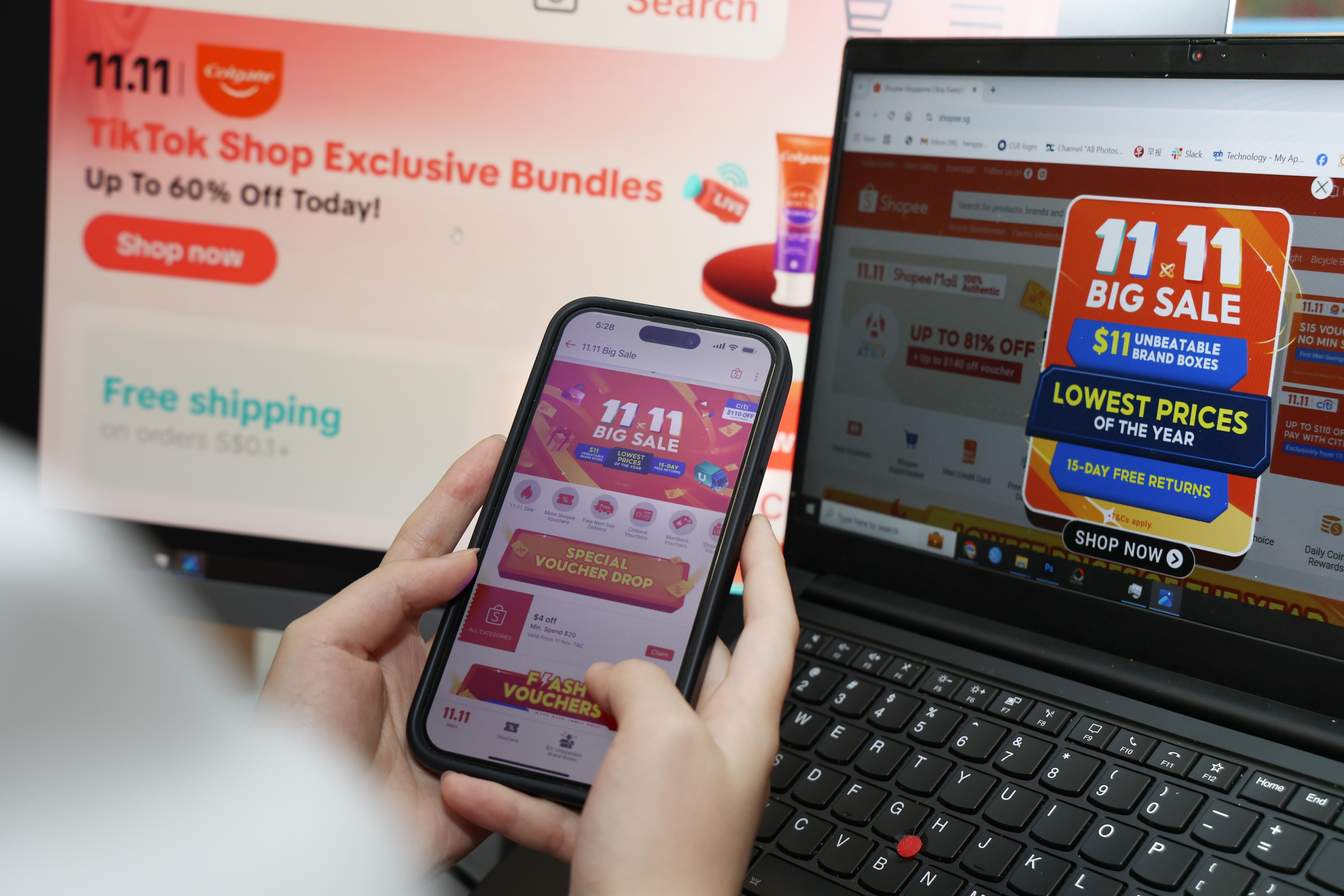 Shopee双11首两个小时的销售量是平日的5.2倍,手机等移动设备、家用电器和护肤品最受欢迎。(王彦燕摄)