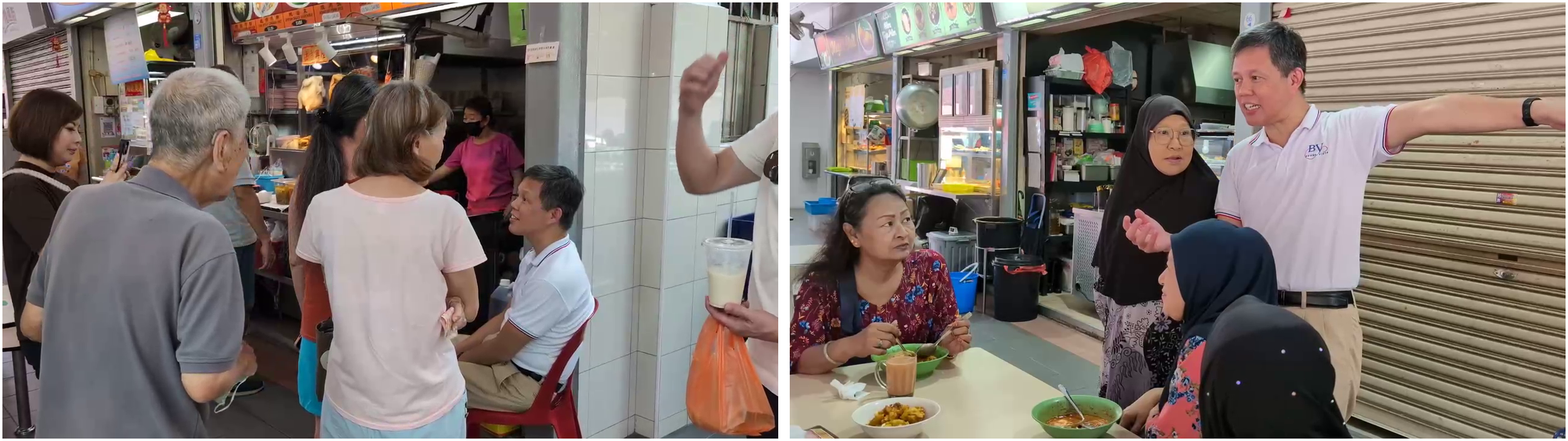 陈振声走访联邦弯巴刹与熟食中心,与居民交谈甚欢。(视频截图)