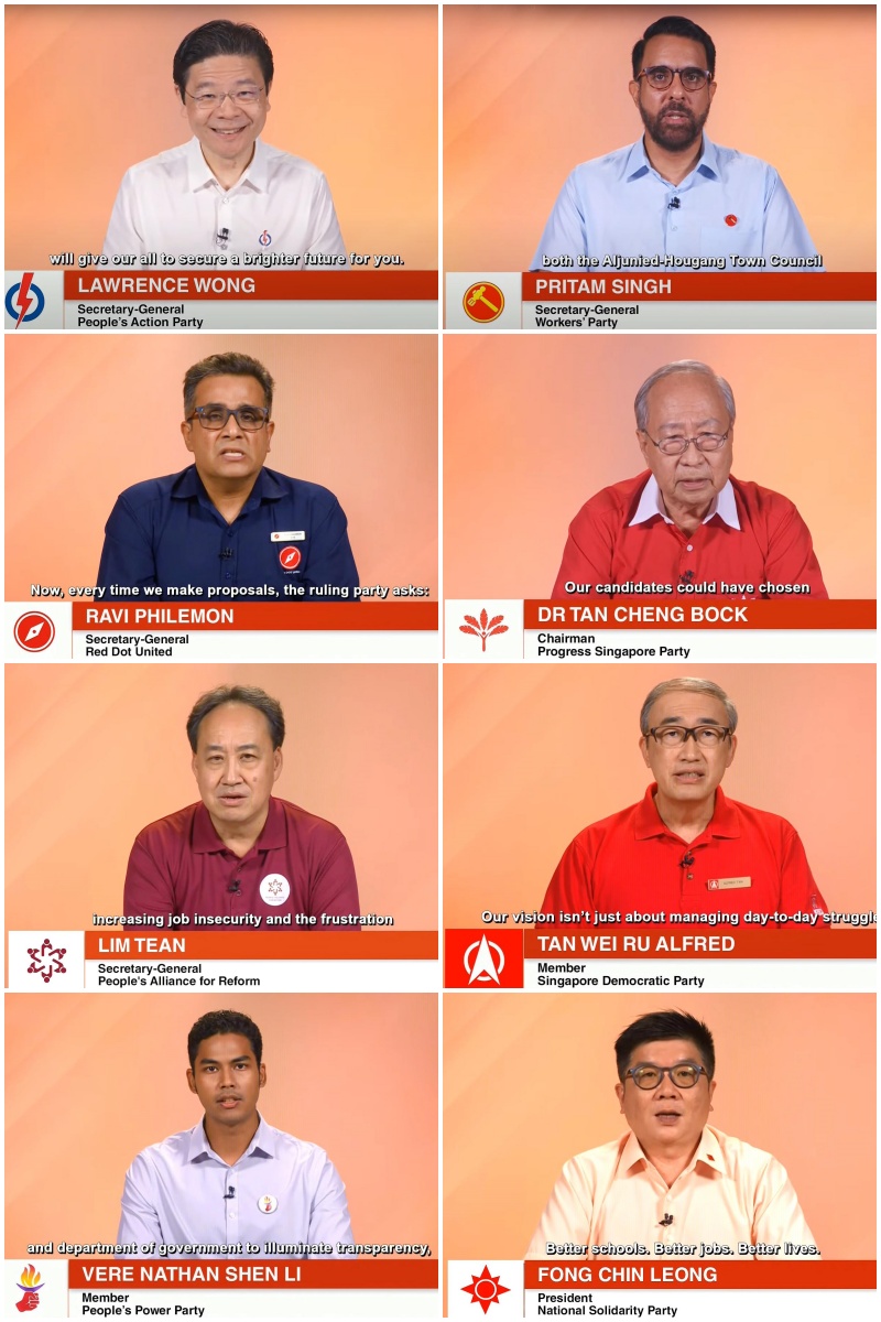 八个政党星期五(4月25日)晚上通过电视和电台频道进行政党竞选广播。人民行动党的英语广播由秘书长黄循财总理(左起、从上到下)宣读。工人党的英语广播由秘书长毕丹星宣读。代表政党进行英语广播的还包括红点同心党秘书长拉维(Ravi Philemon)、新加坡前进党主席陈清木医生、人民联盟秘书长林鼎、新加坡民主党三巴旺集选区候选人陈威儒、人民力量党淡滨尼集选区候选人胜利(Vere Nathan Shen Li),以及国民团结党主席冯展良。(视频截图)