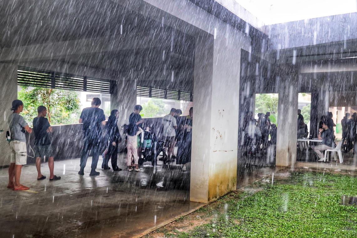 大雨无阻选民投票行使公民权利,西海岸—裕廊西集选区选民一早就到金文泰第608座组屋投票站,有条不紊地排队。(郑一鸣摄)