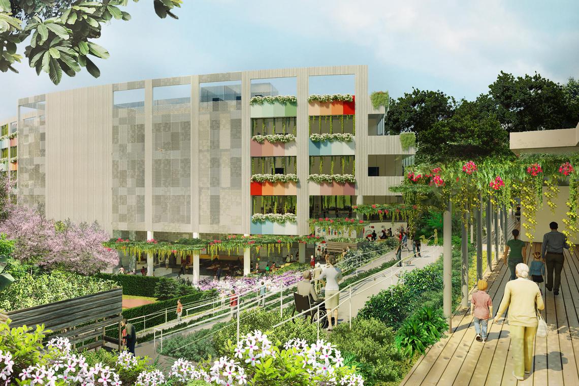 新协立综合设施加建的四层楼高建筑将在今年第三季陆续开放。新楼有供举办社区活动的空间;让特需者展示作品的艺术展馆、培训室,以及餐饮等设施。图为新楼构想图。(新协立提供)