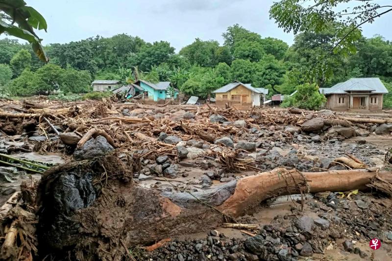 洪灾和山体滑坡摧毁了东弗洛勒斯县的阿多纳拉市，道路堆满倒下的大树和山体滑坡滚下的巨石。（法新社）
