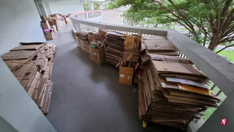 80岁老妇被指在走廊和楼梯间堆积废纸箱，可能引发火患，令居民担忧，但老妇称每个星期天都有人来回收这些纸箱，所以问题不大。（梁麒麟摄）