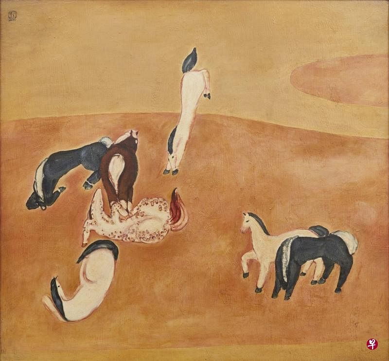 6月5日将在中国北京拍卖的常玉油画《群马》，七只马儿腾跃或俯首、曲腿，仰卧露腹，撒欢无拘。（互联网）