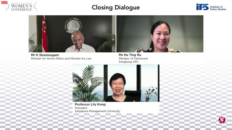 内政部长兼律政部长尚穆根（上排左）与工人党议员何廷儒（上排右）昨天在妇女论坛的闭幕对话会上聚焦讨论共享陪产假与制定反歧视法等议题。尚穆根指出，男孩与女孩在成长过程中须学会尊重彼此，接受彼此同等的关系。对话会由新加坡管理大学校长江莉莉教授主持。（线上活动截屏）