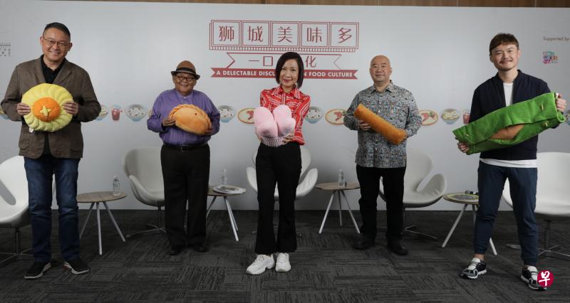 由推广华语理事会成员李仪文（左起）主持的“狮城美味多　一口一文化”线上对话会，昨天邀请到资深艺人林益民、电台96.3好FM DJ林安娜、潮州发记餐馆老板李长豪，以及美食博客汪万荣担任嘉宾，与公众隔空分享本地美食文化。（推广华语理事会提供）