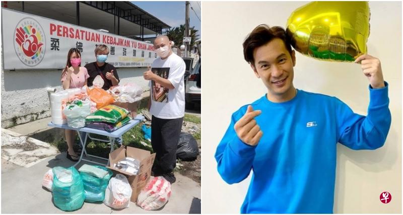 姚彣隆（左）与陈泓宇及数名新加坡朋友一起“有钱出钱有力出力”，送食物和用品到马国的儿童院及老人院等机构。（受访者提供、互联网）