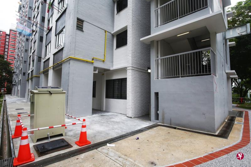 亨德申路第91座组屋有360个单位，居民昨天收到通知单或手机短信后，陆续从上午9时起前往检测站接受冠病检测。图左为这座组屋旁的废水取样装置。（萧紫薇摄）