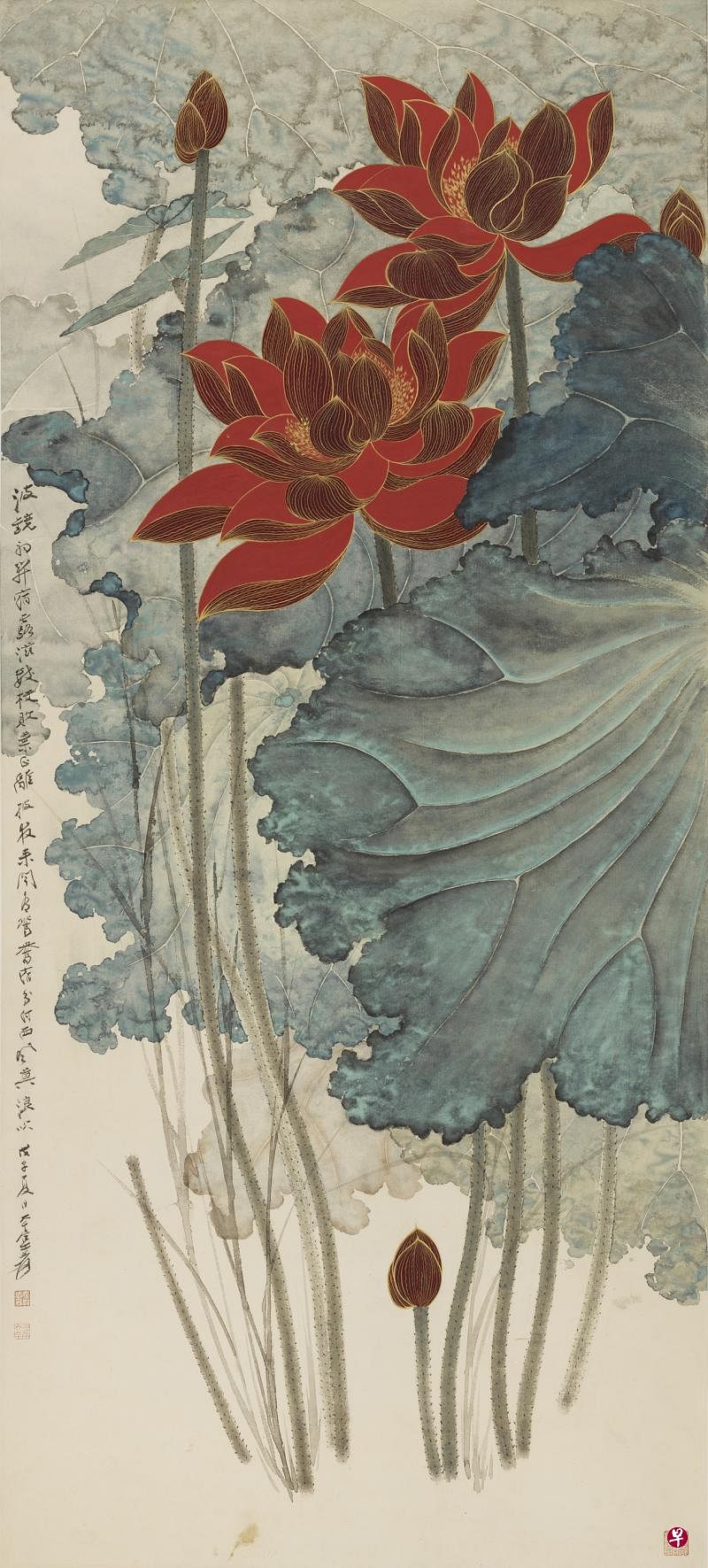 张大千《金线红荷》。过去25年，中国近现代书画拍卖排行榜，张大千依然是位居榜首。这幅作品在1990年代艺术拍卖初期入藏秋斋。张大千是近现代少有的全方位大师级中国画家，山水、花鸟、人物，无所不能。（作品秋斋珍藏）