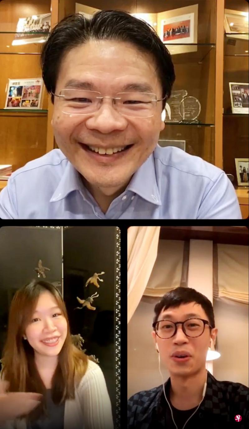 财政部长黄循财前晚在社交媒体Instagram与国庆庆典主题曲创作人林颖（左下）与刘俊锋（右下）进行直播对谈。（视频截图）