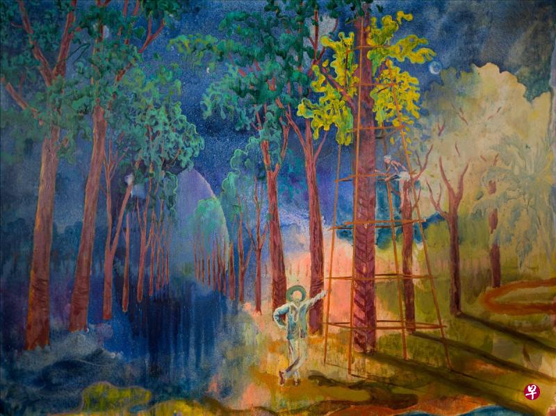 凯鲁丁·瓦哈胶彩画《人字形》反思英国人在新加坡引进橡胶，对土地和自然世界的干预。（照片由画廊提供）