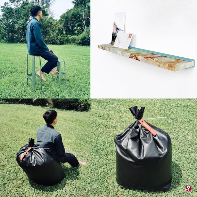 设计师杨国胜用环保理念为H&M 10周年庆设计的三款家具，垃圾袋造型的豆袋懒人椅“豆”趣十足。（Nathan Yong提供）