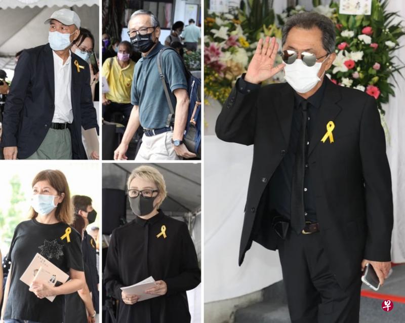 ←李行告别式，由朱延平（右图）担任治丧委员会主委。侯孝贤（左上排左起）、吴念真，李烈（右下排左起）、杨惠姗等众多电影人都到场致哀。（互联网）