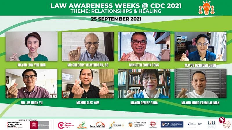 第七届法律意识周昨天由文化、社区及青年部长兼律政部第二部长唐振辉（上排左三）开幕，通过视讯方式出席的包括也是西南区市长的贸工部兼文化、社区及青年部政务部长刘燕玲（上排左起顺时针）、新加坡律师公会会长维贾延德兰、东北区市长朱倍庆、东南区市长阀贺米、中区市长潘丽萍、西北区市长任梓铭，以及人民协会总执行理事长林福有。（社区发展理事会提供）