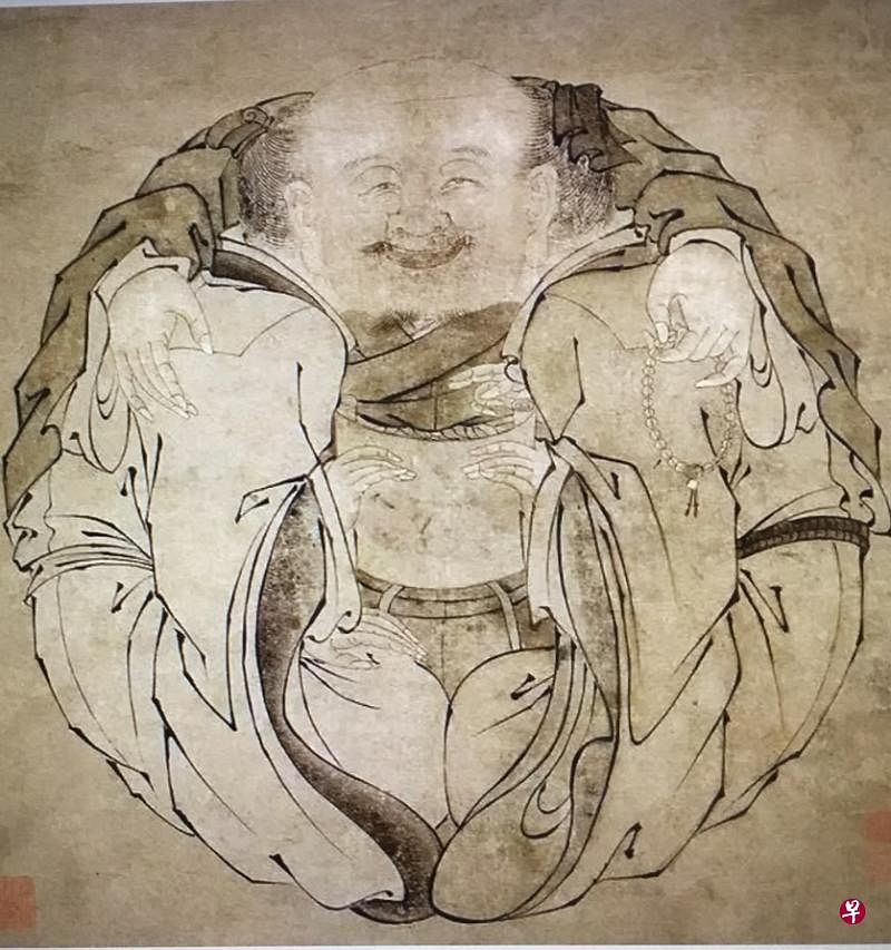 《一团和气图》上满脸笑容的大胖子，细看却是由左中右儒释道三人组成（左图），如涂黑中间者即可清楚看见左右二人（右上图）。立轴全图上部正中有明宪宗花押印，及《御制一团和气图赞》书法（右下图）。