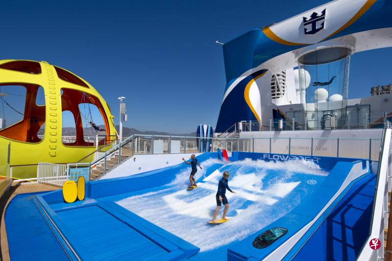 左图：南极球（Sky Pad）、甲板冲浪（FlowRider）及甲板跳伞（RipCord by iFly）够刺激。右图：缤纷水上乐园是孩子的天堂。