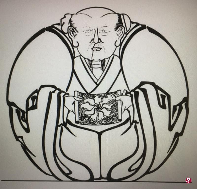 ↑→少林寺的明代《混元三教九流图赞碑》全貌（右图）。碑上最重要的图像（上图，改为白描线图以清楚展示），画中三人面孔整合为一，造型与《一团和气图》一样，只有手持画卷中改为独特的九流旋动图形。全图代表了三教九流同一源的文化理念。