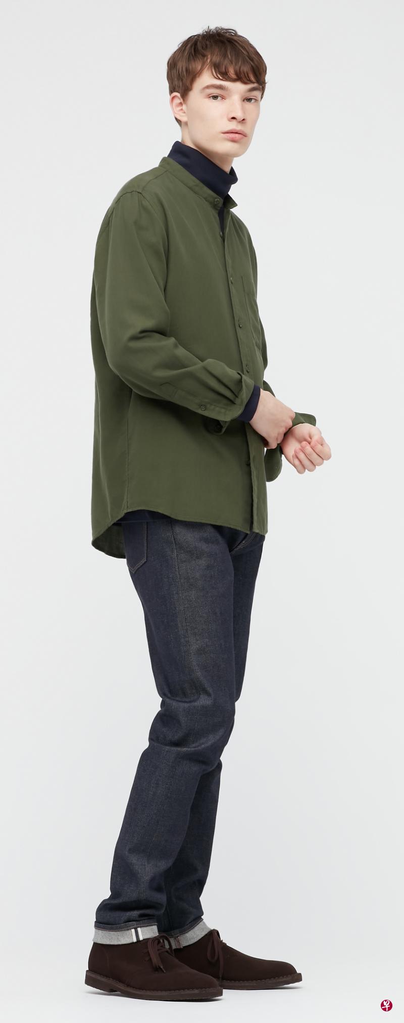 ←Uniqlo衬衫的橄榄绿色沉静又怡目。（品牌提供）