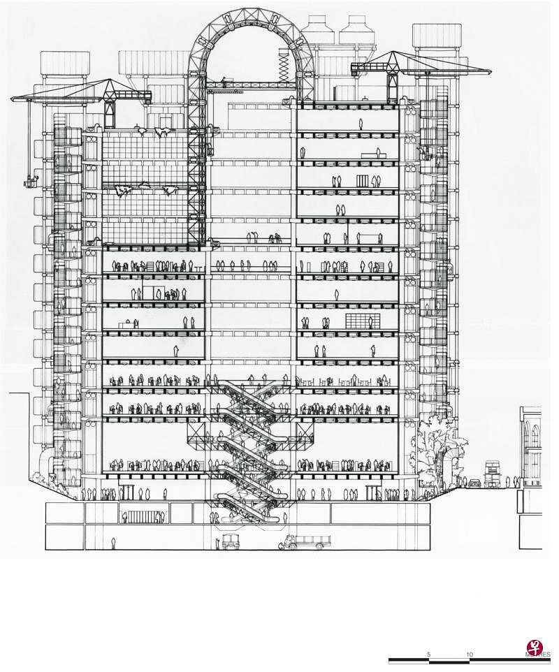罗杰斯在1984年完成的伦敦劳埃德保险公司大厦（Lloyd's Building↓，↑建筑图）改写伦敦城市风景线。（Rogers Stirk Harbour + Partners）