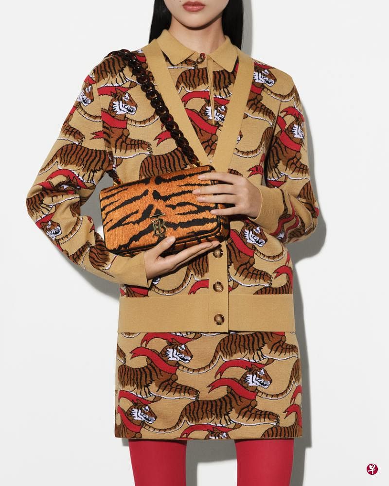 Burberry系红围巾帅虎图案新衣衬虎纹手握包。