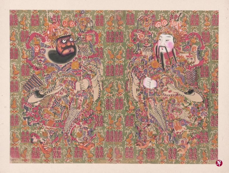 蓝绿底双喜葫芦文武门神秦琼（左）与尉迟恭（右）年画。