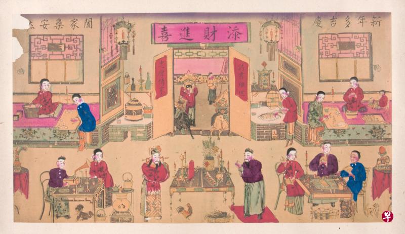 天津杨柳青年画“新年多吉庆，合家乐安然”描绘中国北方多代同堂家庭过年的情景。