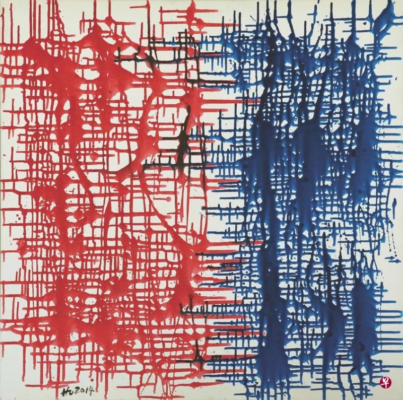何和应的丙烯画《静》 （2014），凸显油彩缓慢滴落。（画廊提供）