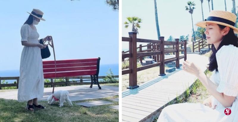 孙艺真在社媒上传两张穿着白色宽松长裙美照，网民指她的小腹看起来微凸，左图尤其明显。（互联网）