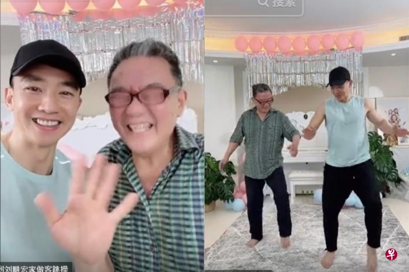 70岁的李立群（左图右）和刘畊宏同框大跳招牌“毽子舞”，身手利落。（互联网）