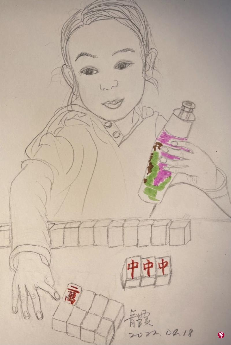 林青霞笔下5岁孙女打麻将的模样。（林青霞提供）