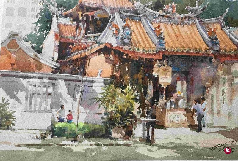王金成水彩画《直落亚逸街寺庙》。（画廊提供）