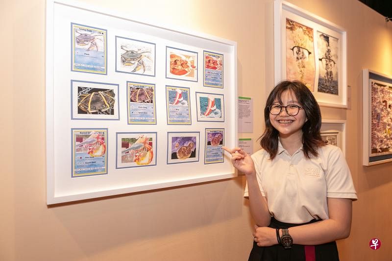 新加坡艺术学院（SOTA）的林欣颐在青年节美术展呈献她的画作，通过反讽的表达方式鼓励公众时刻紧记他们的食物来源是什么。（张荣摄）