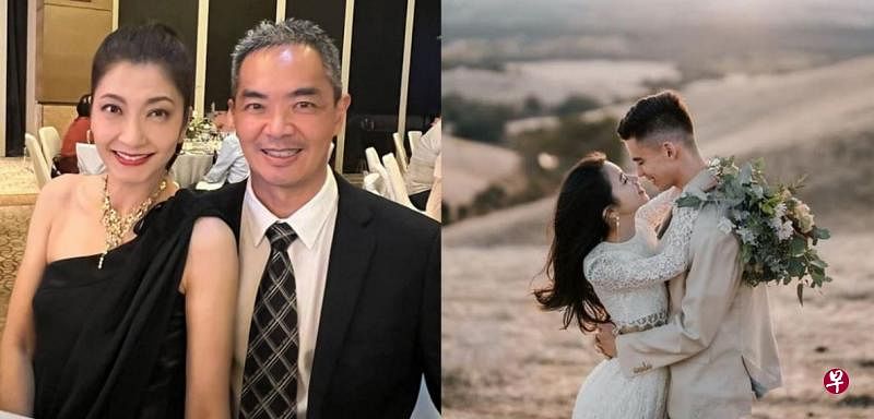 黄碧仁（左图左）与老公郭世伟出席年轻艺人唐舒恩（右图左）的婚礼。（互联网）