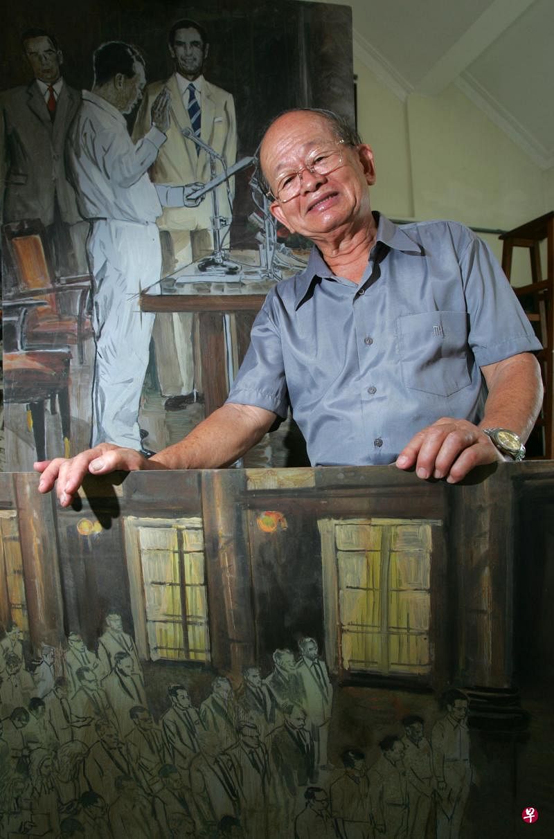 　赖桂芳生前保留着两幅描绘新加坡自治政府宣誓就职仪式的素描草稿。（档案照片）