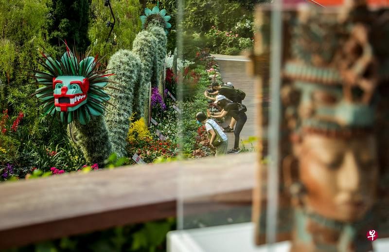在滨海湾花园举办的 “百花齐放——墨西哥寻根”花卉展，公众可了解到墨西哥的古文明的一些文化符号，例如双头蛇。（叶振忠摄）
