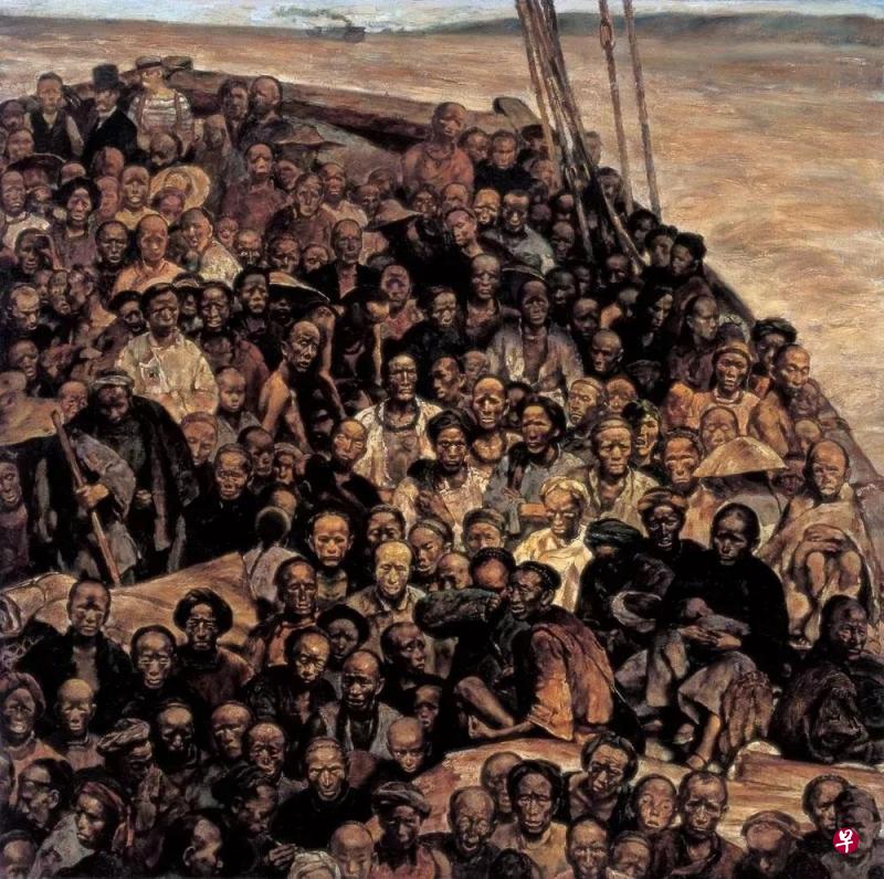 中国画家程丛林的油画《华工船》画下“猪仔”在船上人挤人的情景。（互联网）