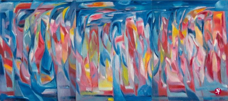 杨可均个展展出一幅长4米、高2米的大型三联油画《同舟共济》。（南艺提供）