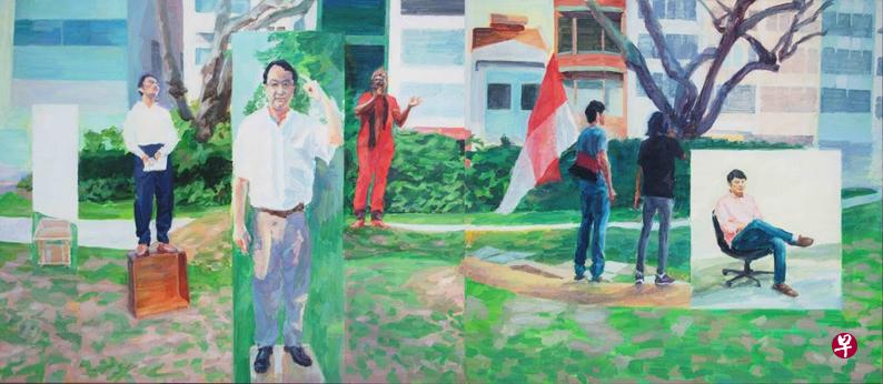 曾伟文取材芳林公园的帆布油画《平台和原型》（2021）。（画廊提供）