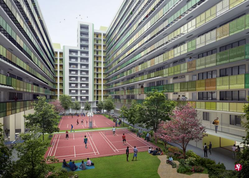 位于裕廊都康创新巷的新客工宿舍拥有宽敞的户外空间，可让客工进行各种运动。（人力部构想图）