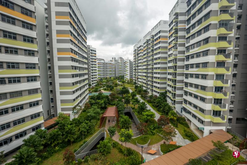 Tampines GreenVerge的2022个单位分布在20座组屋，居民可在二楼这个偌大的社区空间散步、骑脚踏车或使用健身设施。（叶振忠摄）