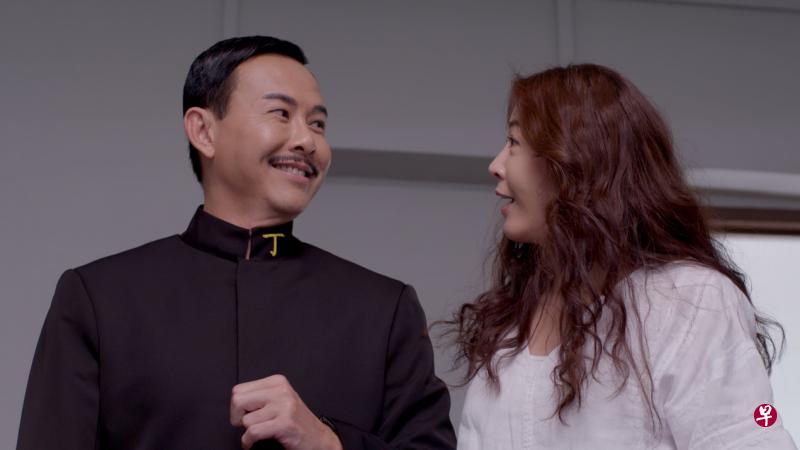 王禄江（左）在《灵探》扮演冥界警长，特地为角色留了“林子祥小胡子”。右为刘子绚，剧中两人共谱感情戏。（新传媒提供）