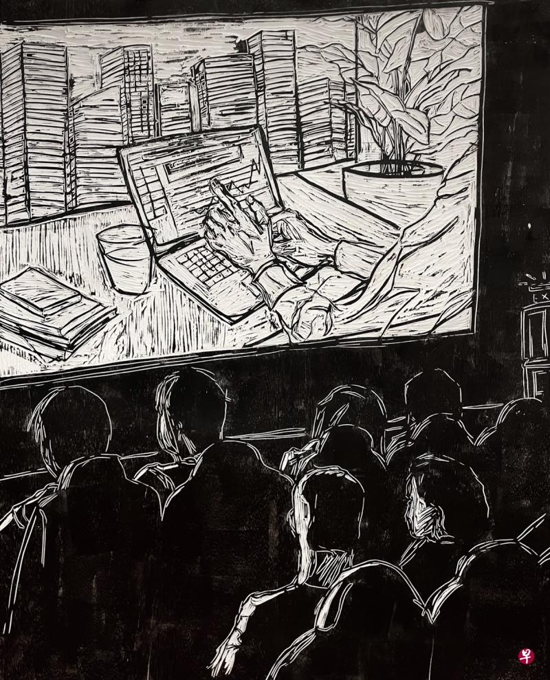 张富铭木刻版《剧院》描绘成功人背后的付出。（画廊提供）