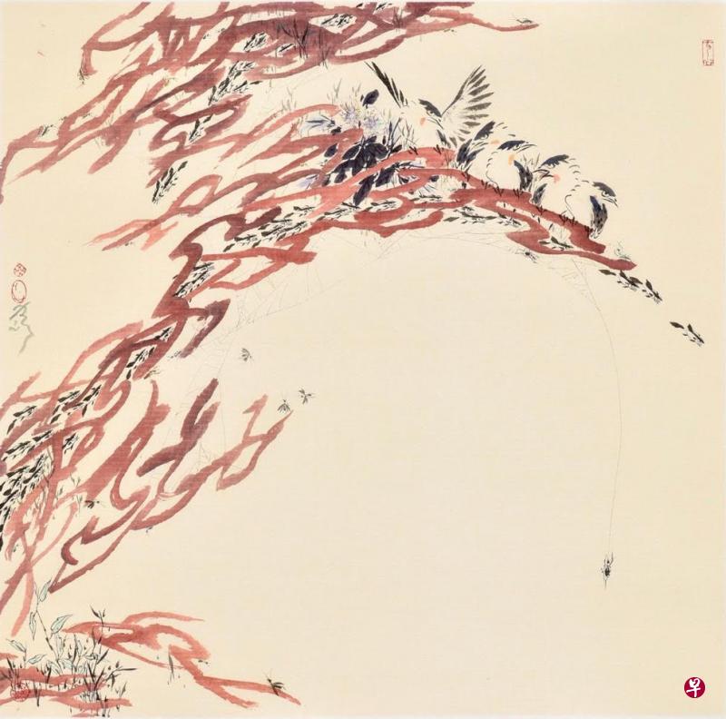 陈振文水墨画《秋声2》，湿地红藻草丛构图简练，带出翠鸟与花草、昆虫相互共生的生态系统。（受访者提供图片）