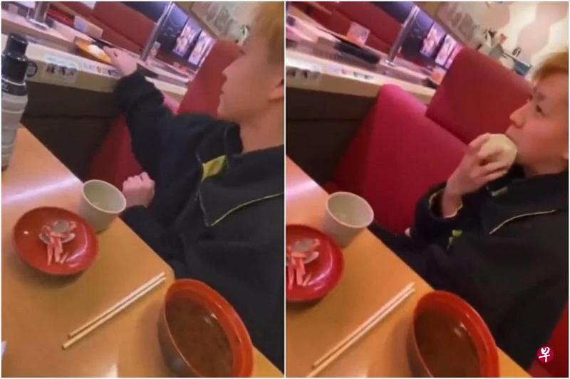 17岁高中生舔公用酱油瓶和架子上的茶杯，甚至用沾了唾液的手指摸旋转带上的寿司。寿司店表明要对他追究刑事和民事责任。（取自推特）