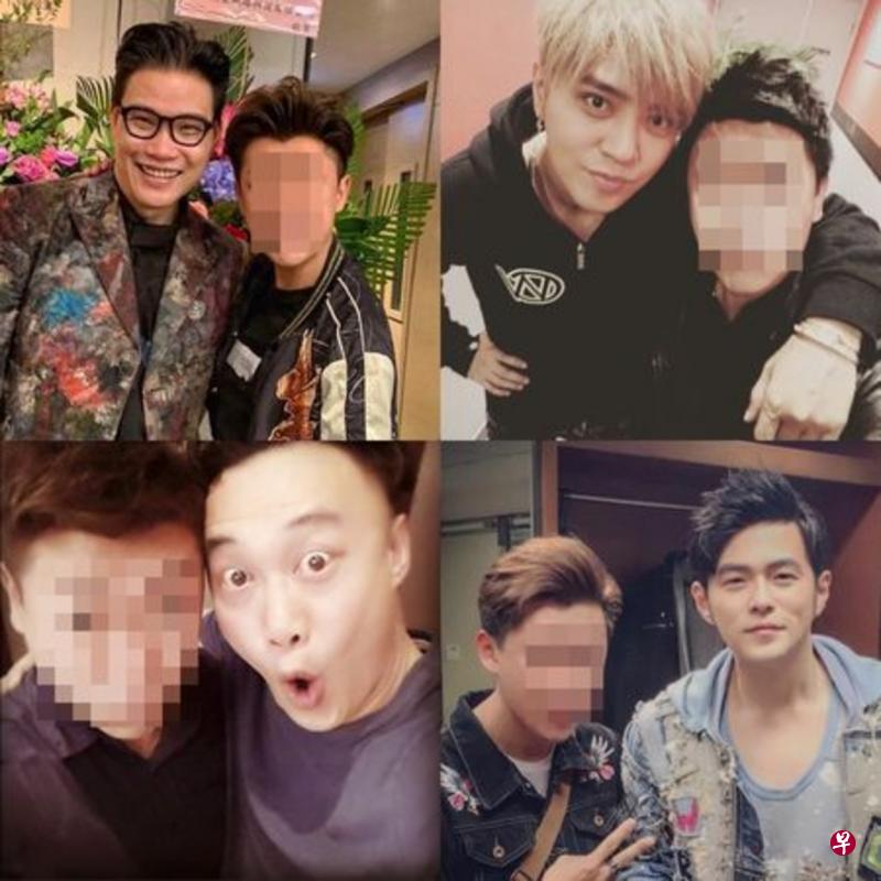 在林姓男子（打马赛克者）的社媒上有多张和艺人的合照，包括罗志祥（右上图顺时针起）、周杰伦、陈奕迅和苏永康。（互联网）