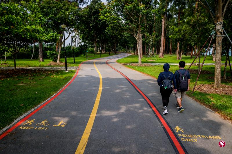公园局在东海岸公园推行的新步道标记中，两条分开的走道都有行人标记出现，让不少受访公众感到混乱，不知道要走哪条路。（叶振忠摄）